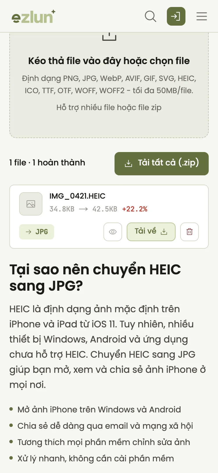 Kết quả chuyển đổi ảnh sẵn sàng tải xuống trên điện thoại