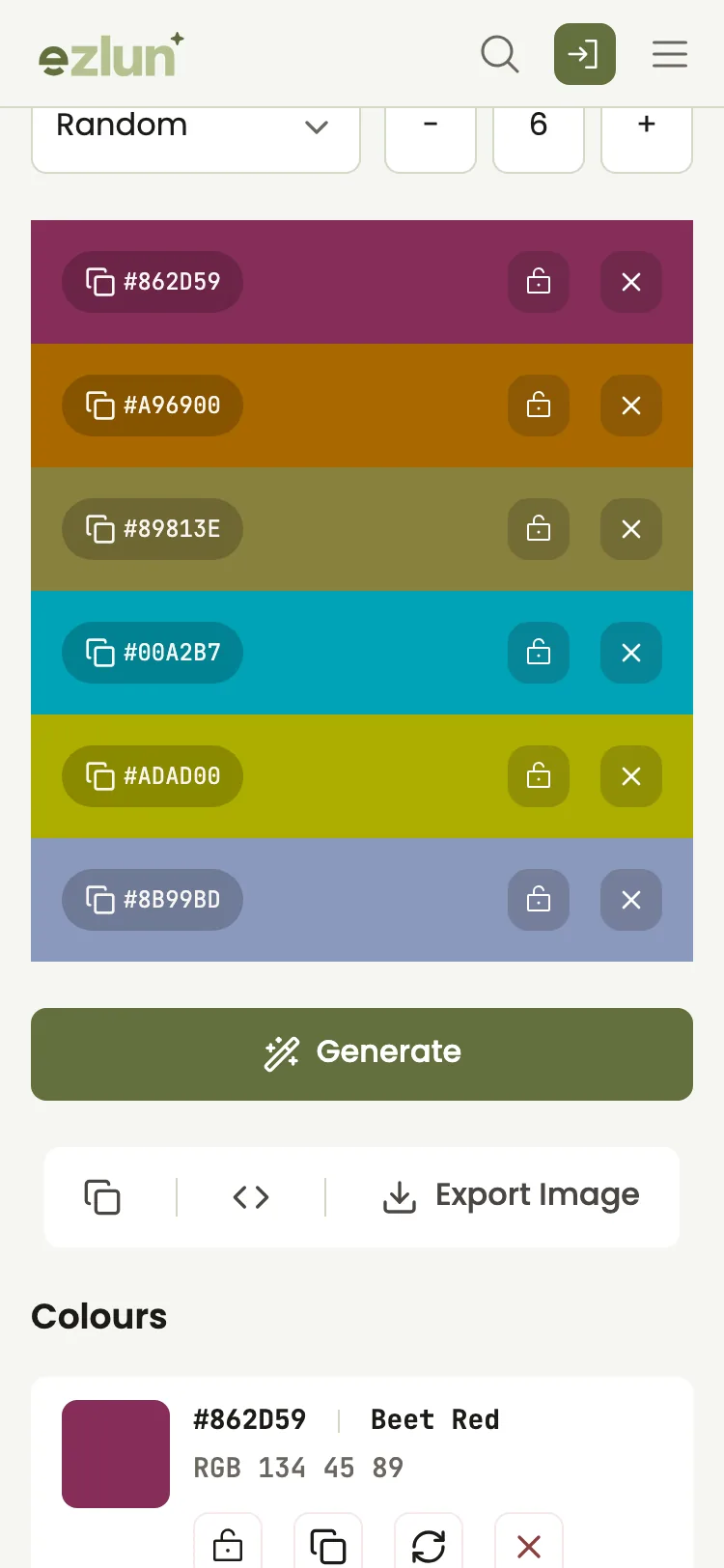 Finished color palette with CSS export options on a phone