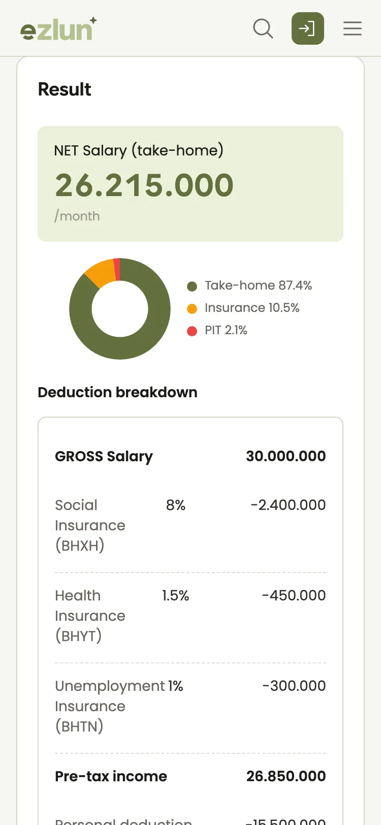 Gross to net salary result for one job offer on a phone