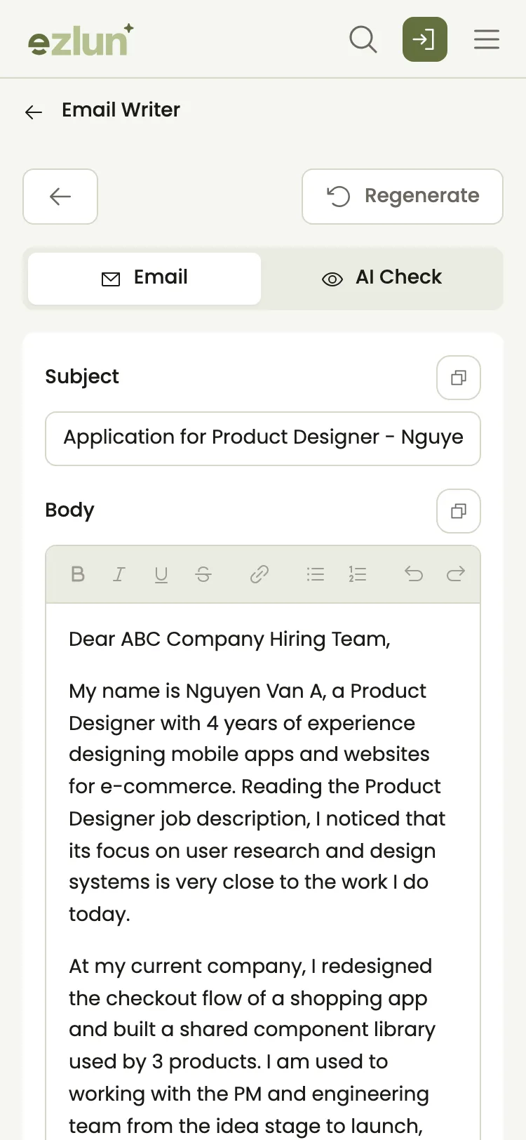 A generated cover letter draft displayed on a phone screen