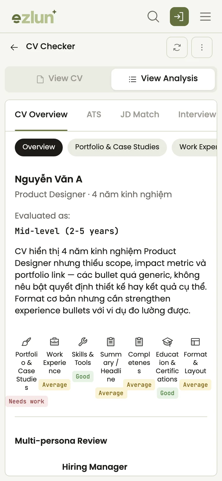 CV score results by criterion shown on a phone screen