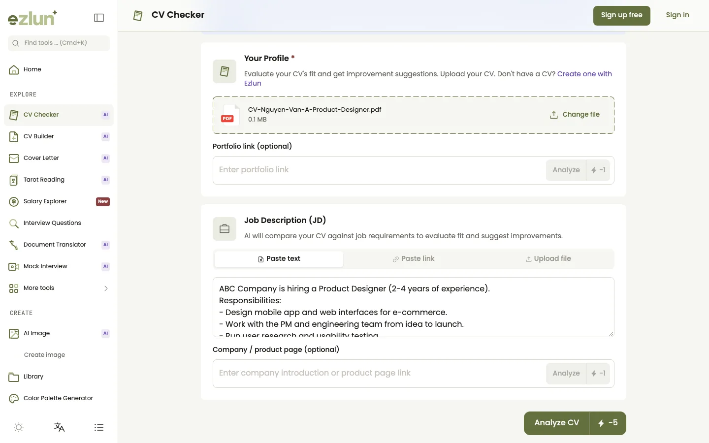 CV Checker upload screen used to compare a CV with the job description before an interview