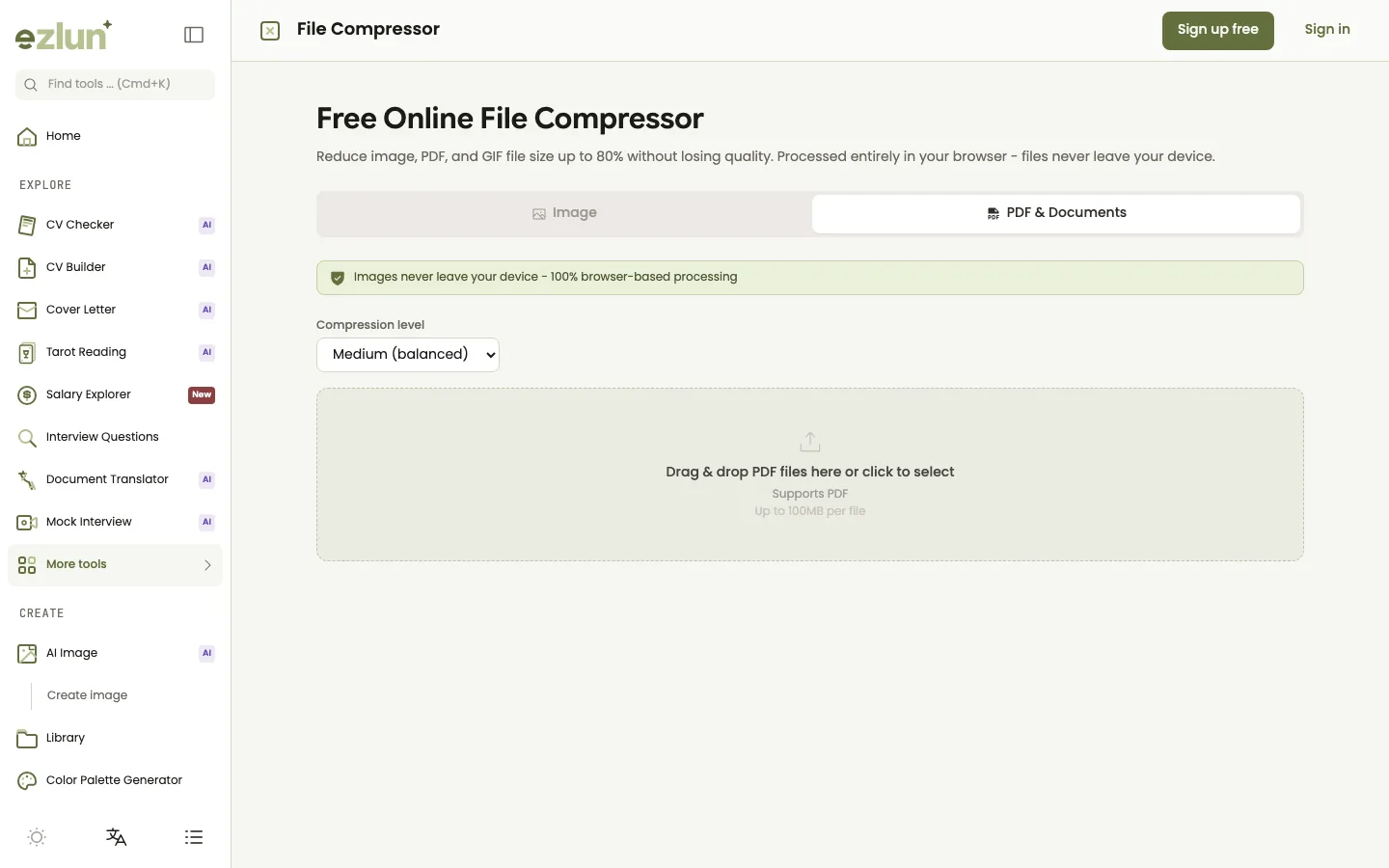 PDF drop area inside Ezlun's File Compressor tool on desktop