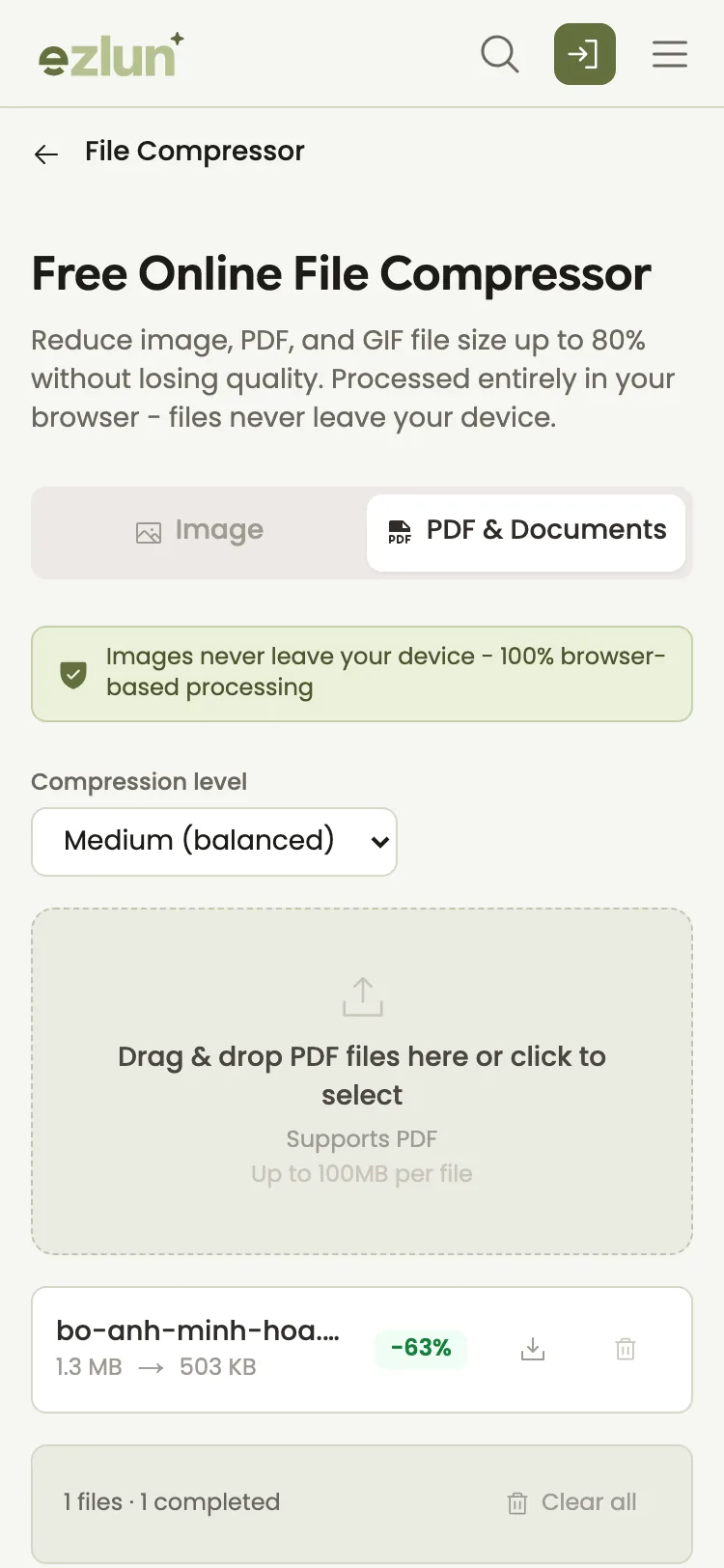 File size before and after compression shown on a phone