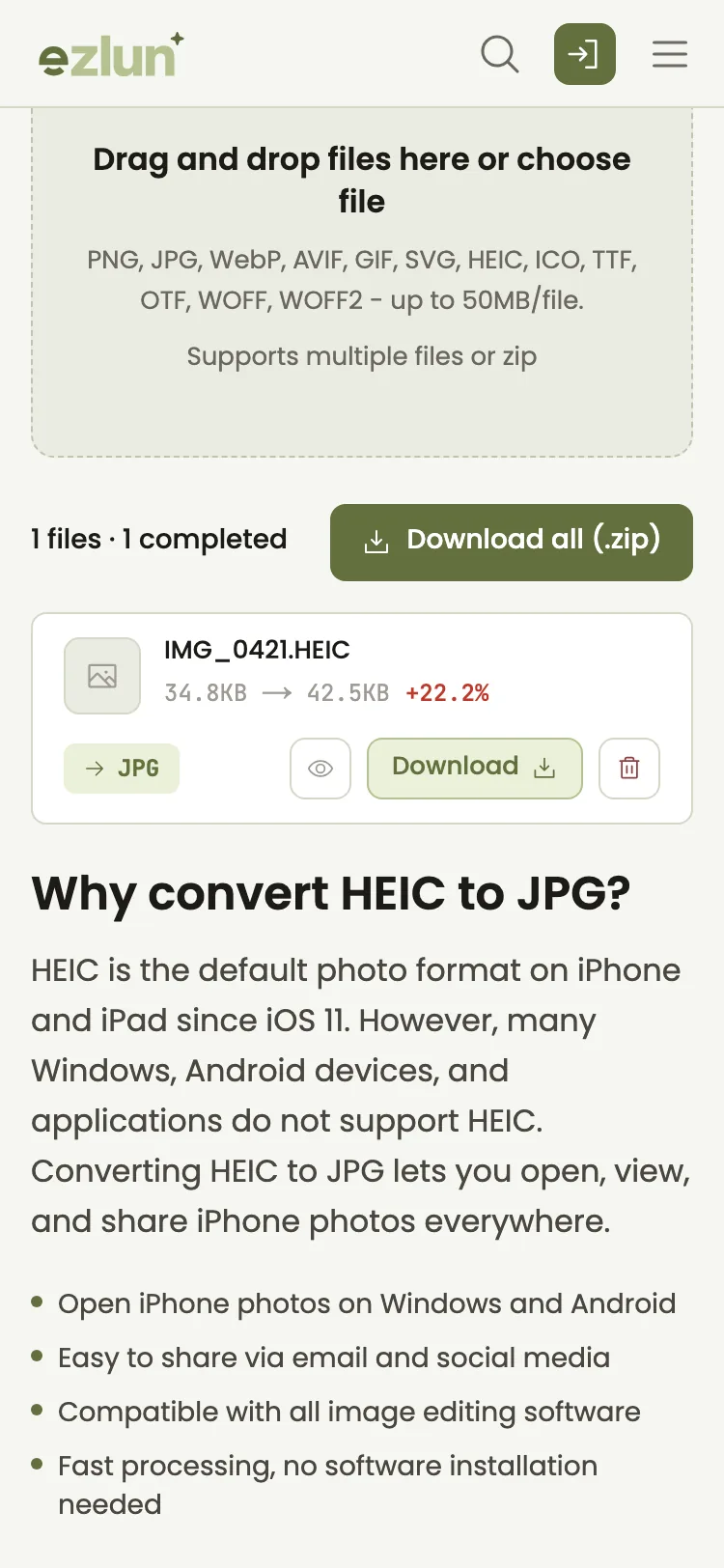 Converted image ready to download on a phone screen