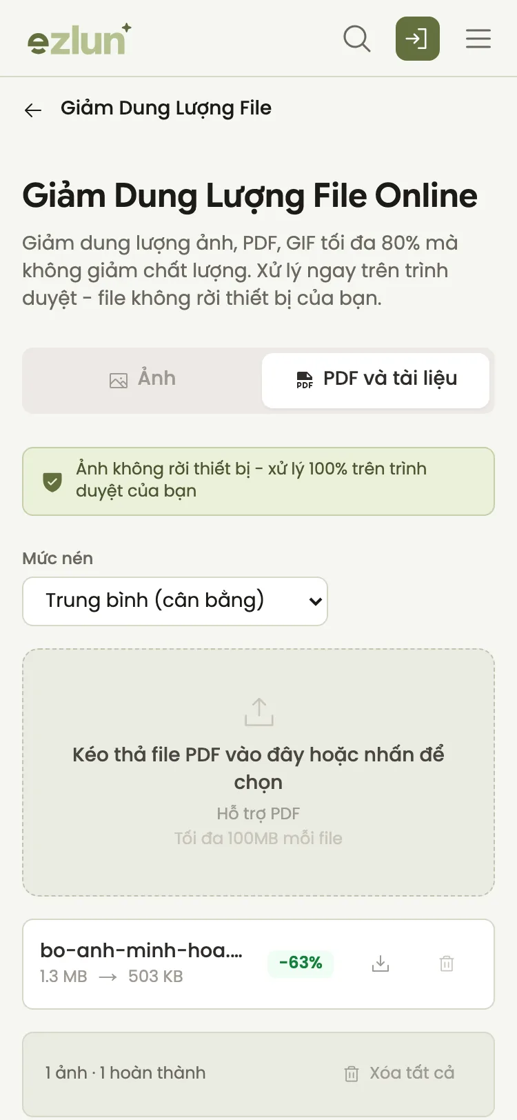 Dung lượng file trước và sau khi nén hiển thị trên điện thoại