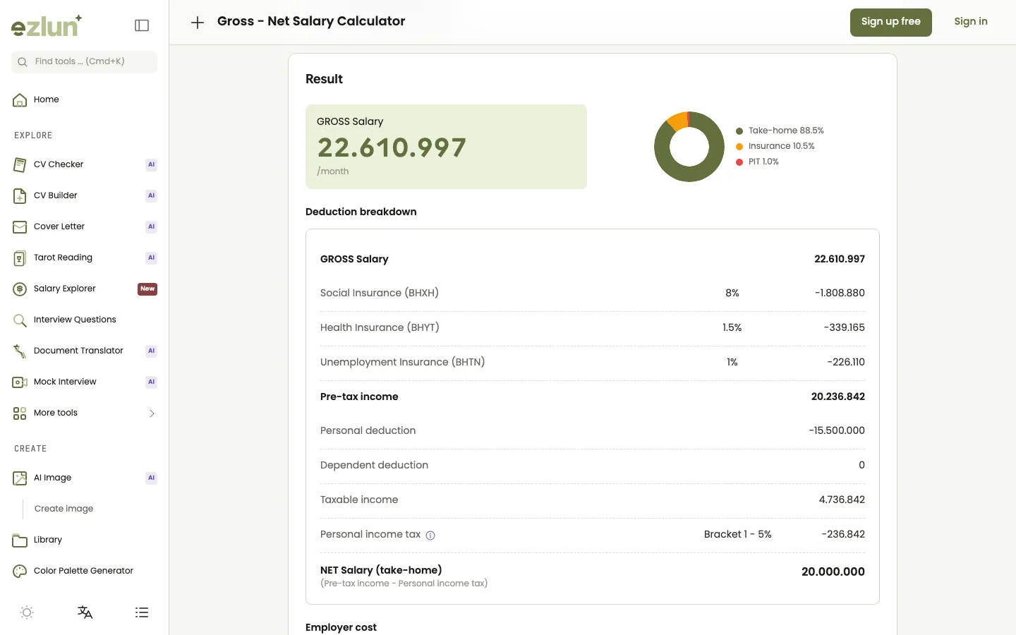 Net to gross salary result showing the gross pay needed for 20 million VND net