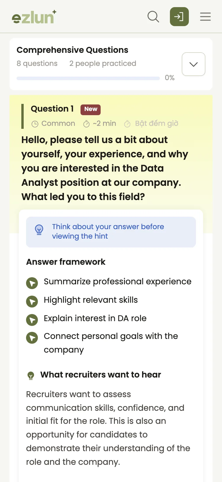 An interview question with its answer framework and hints on mobile