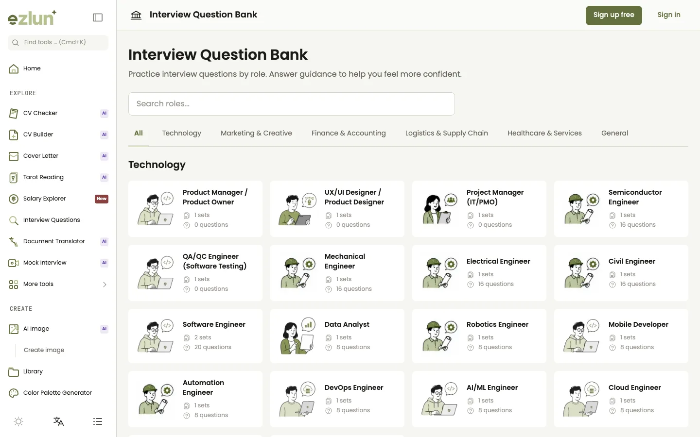 Interview Questions page listing job roles to choose from before practicing
