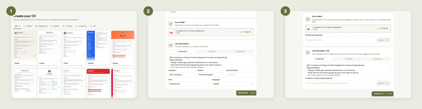 Three-step job application process: build the CV, write the letter, check