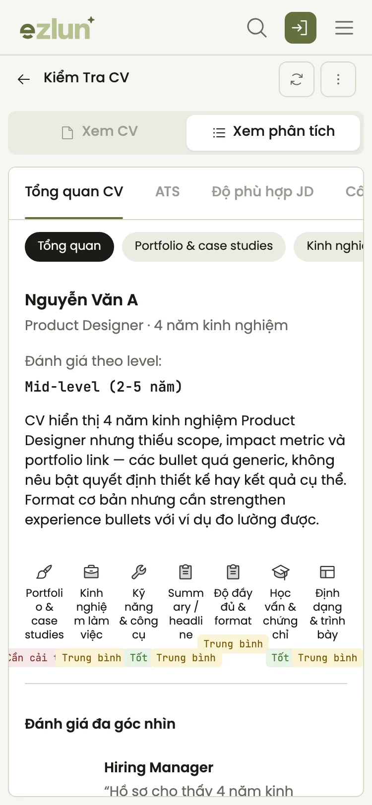 Kết quả chấm điểm CV theo từng tiêu chí trên điện thoại