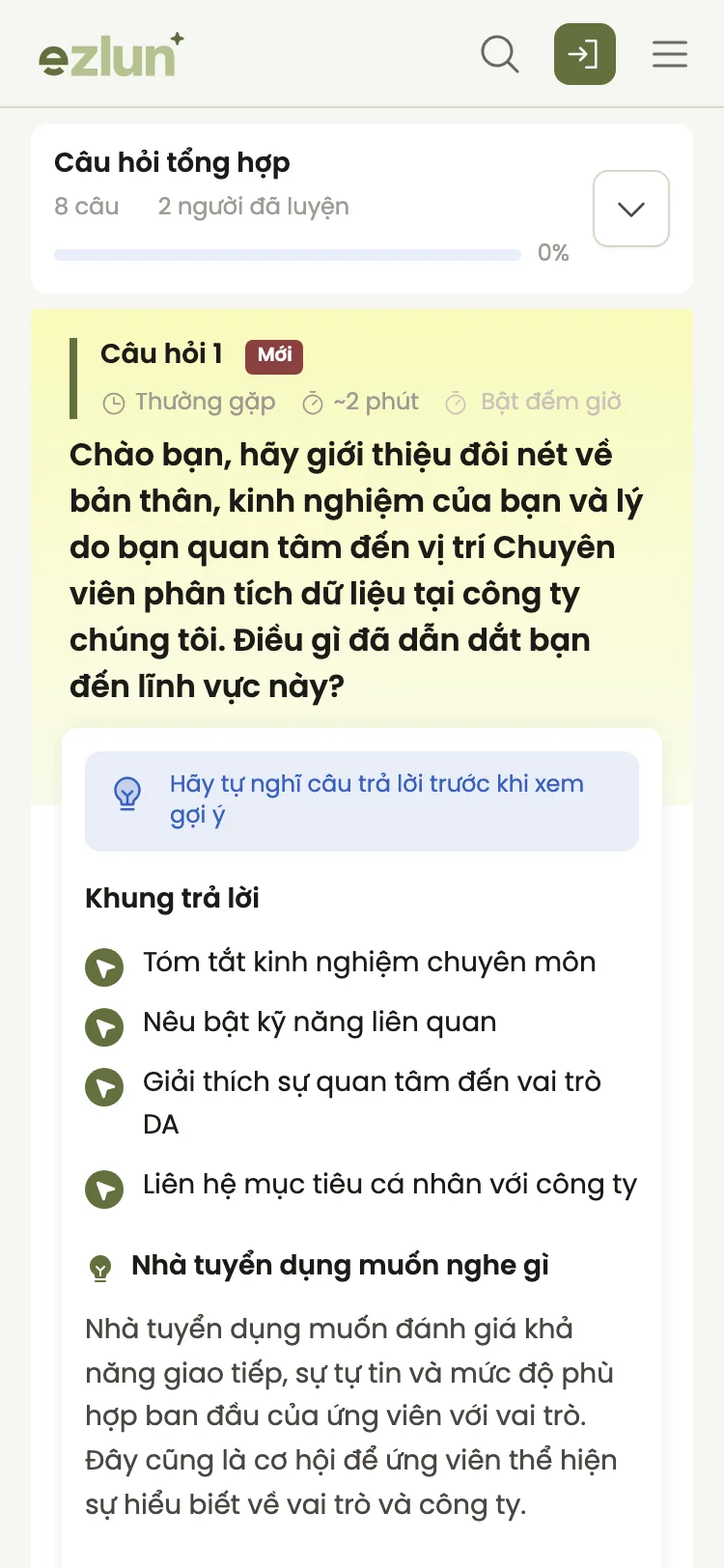 Một câu hỏi phỏng vấn kèm khung trả lời và gợi ý trên điện thoại