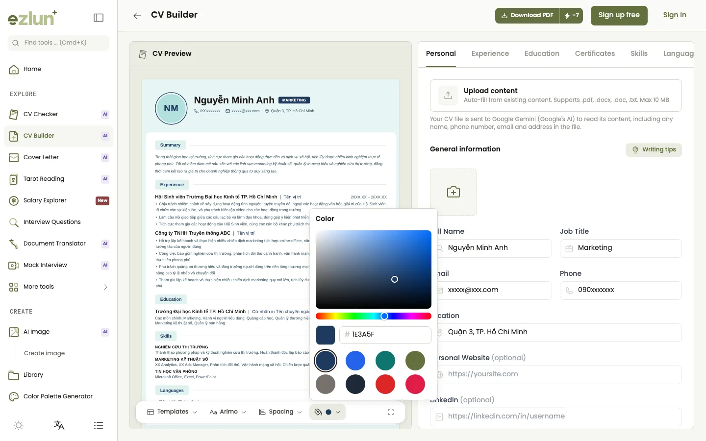 Personal brand color palette applied to a resume template