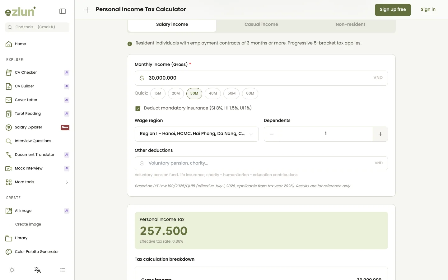 Dependents input field in Ezlun's personal income tax calculator