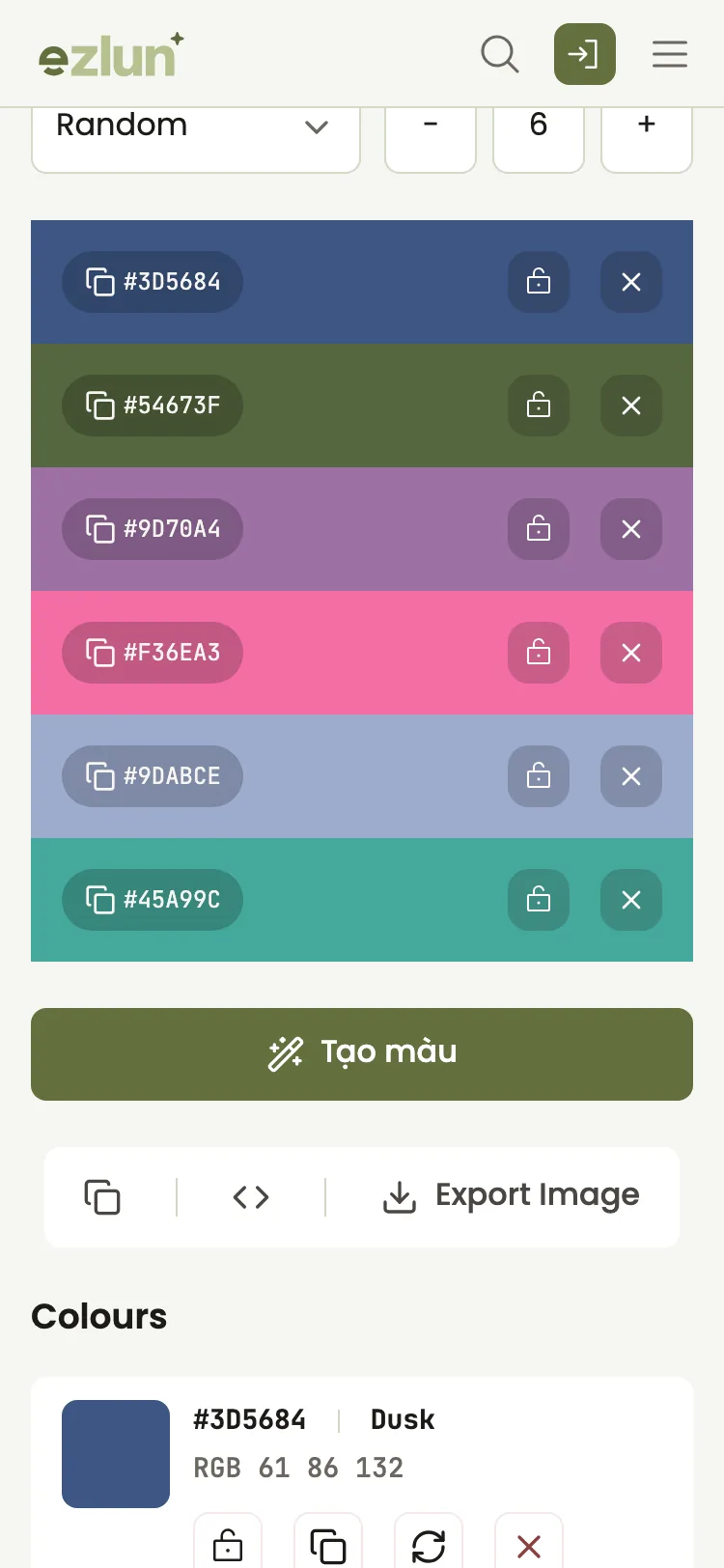 Bảng màu hoàn chỉnh với phần xuất CSS trên điện thoại