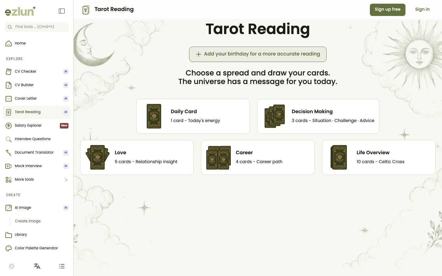 Tarot reading screen for choosing a spread from one to ten cards