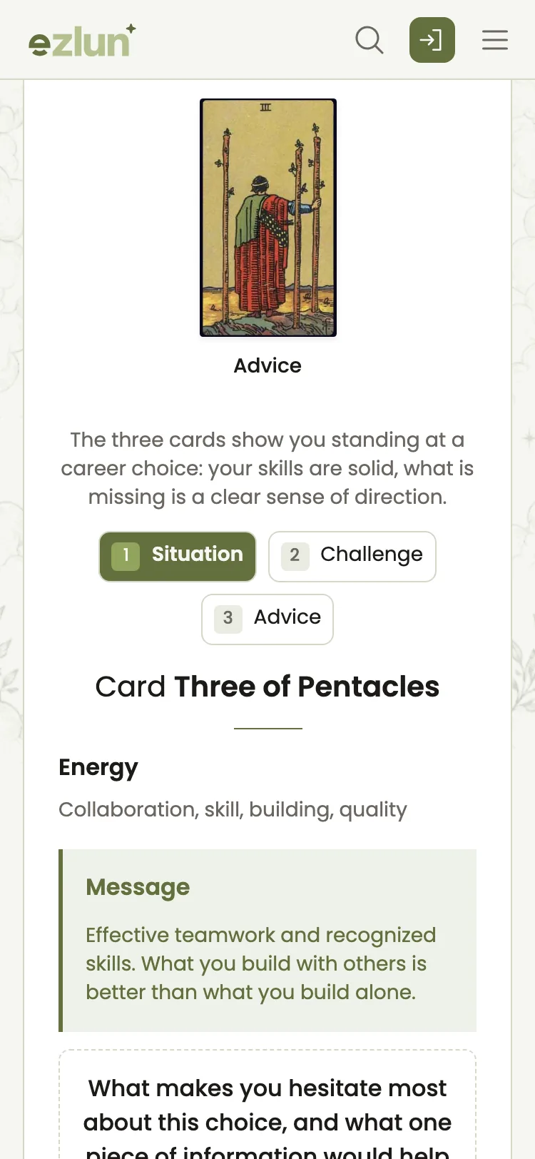 Three-card tarot result with its interpretation shown on a phone