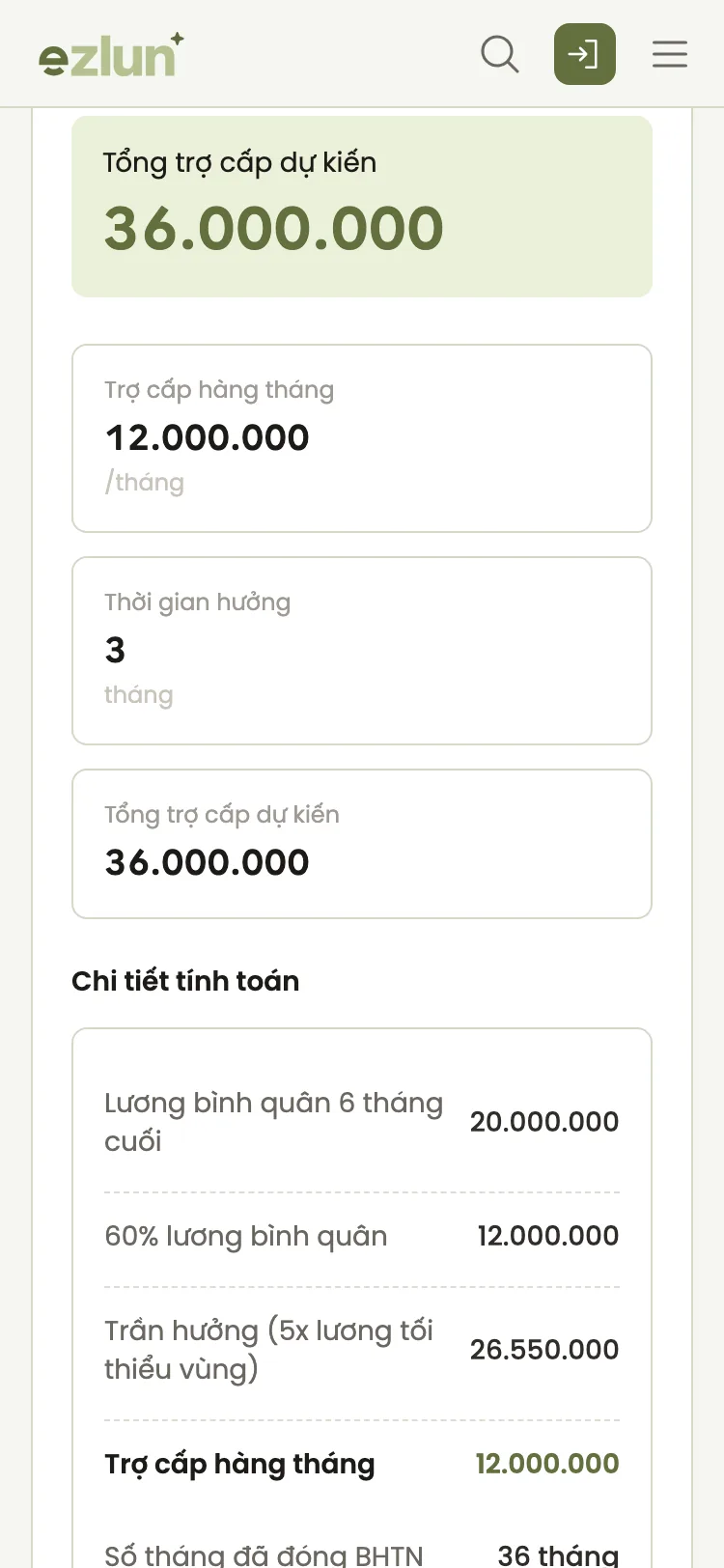 Kết quả ước tính mức hưởng thất nghiệp trên điện thoại