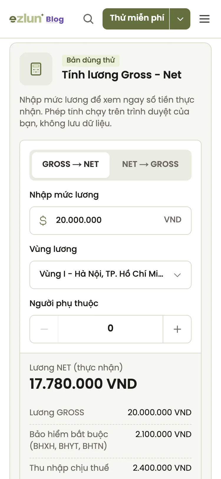 Khung bấm thử tính lương Gross sang Net hiển thị trên điện thoại