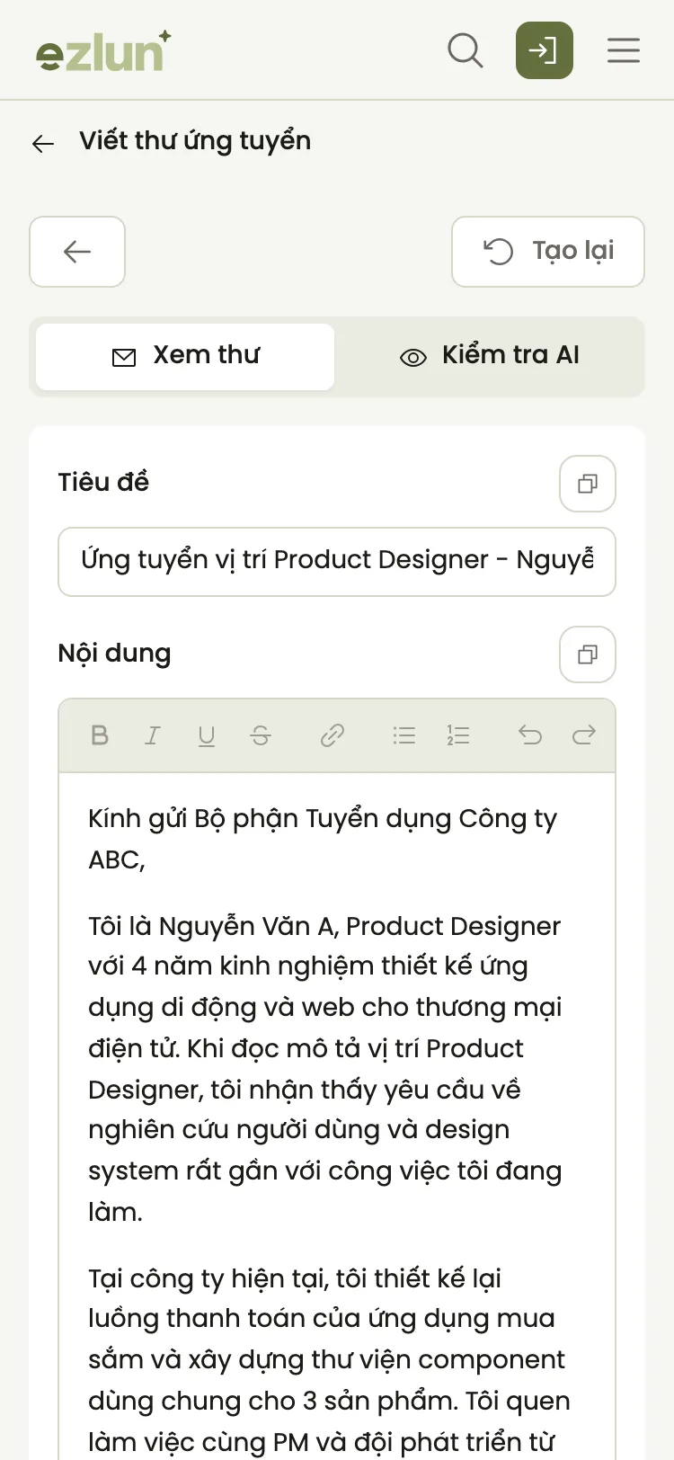 Bản thư ứng tuyển do AI tạo hiển thị trên điện thoại
