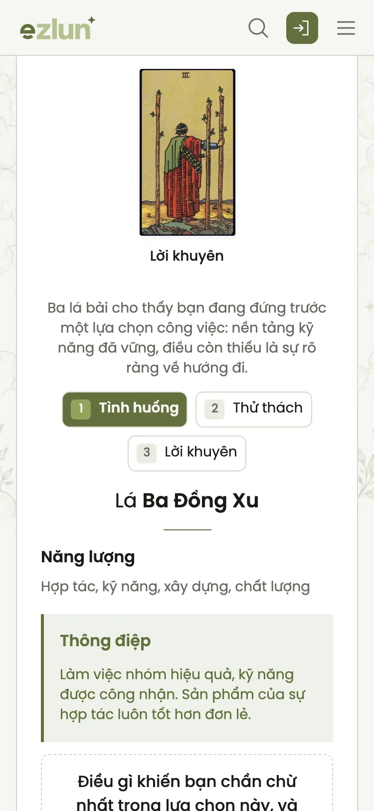 Kết quả trải bài Tarot ba lá kèm phần giải thích trên điện thoại